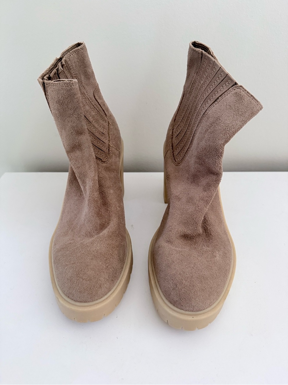 Dolce Vita Taupe Suede Chelsea Platform Booties